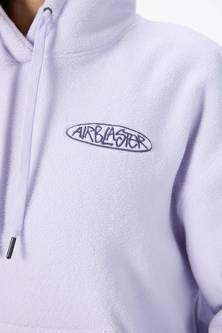 Close-up of a light lavender fleece pullover hoodie with a dark navy embroidered &