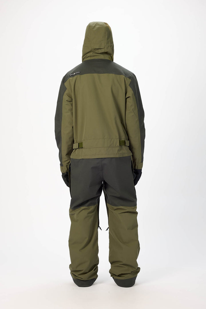 Green and gray jacket and pants set on a white background
