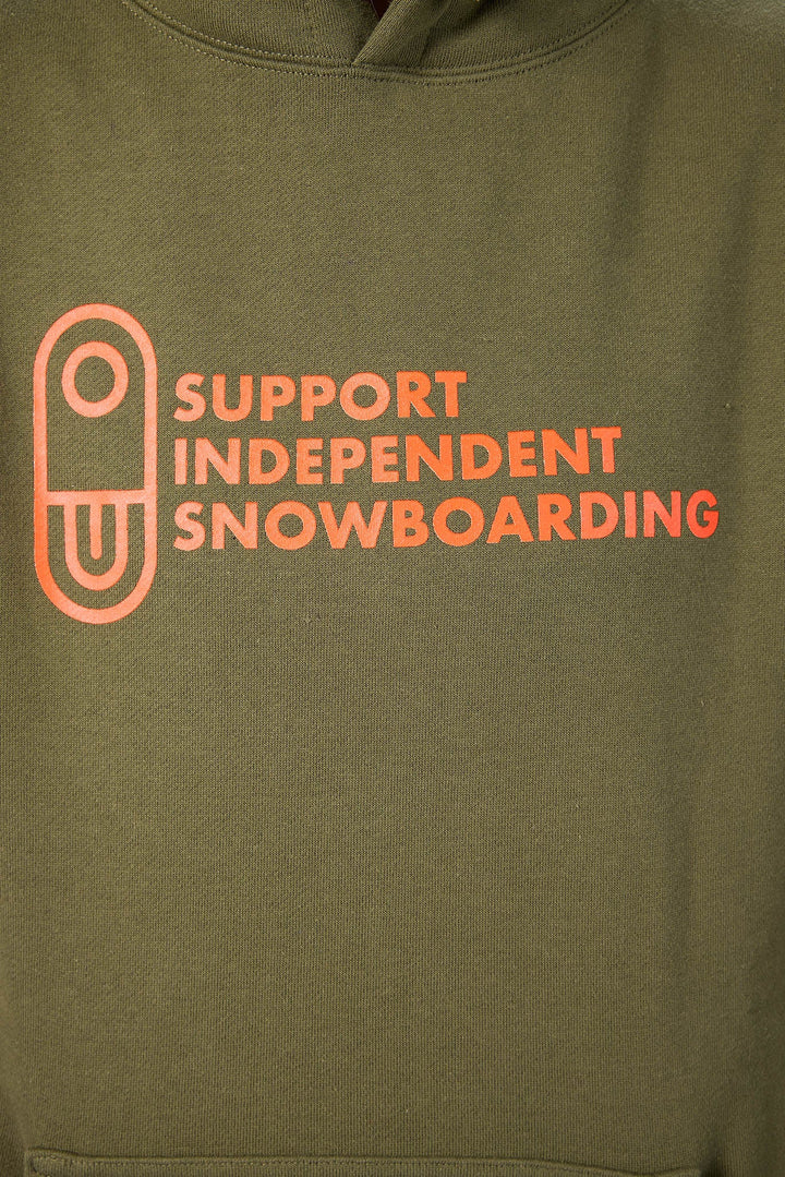 Close-up of an olive green hoodie featuring a bright orange graphic on the chest with the text &