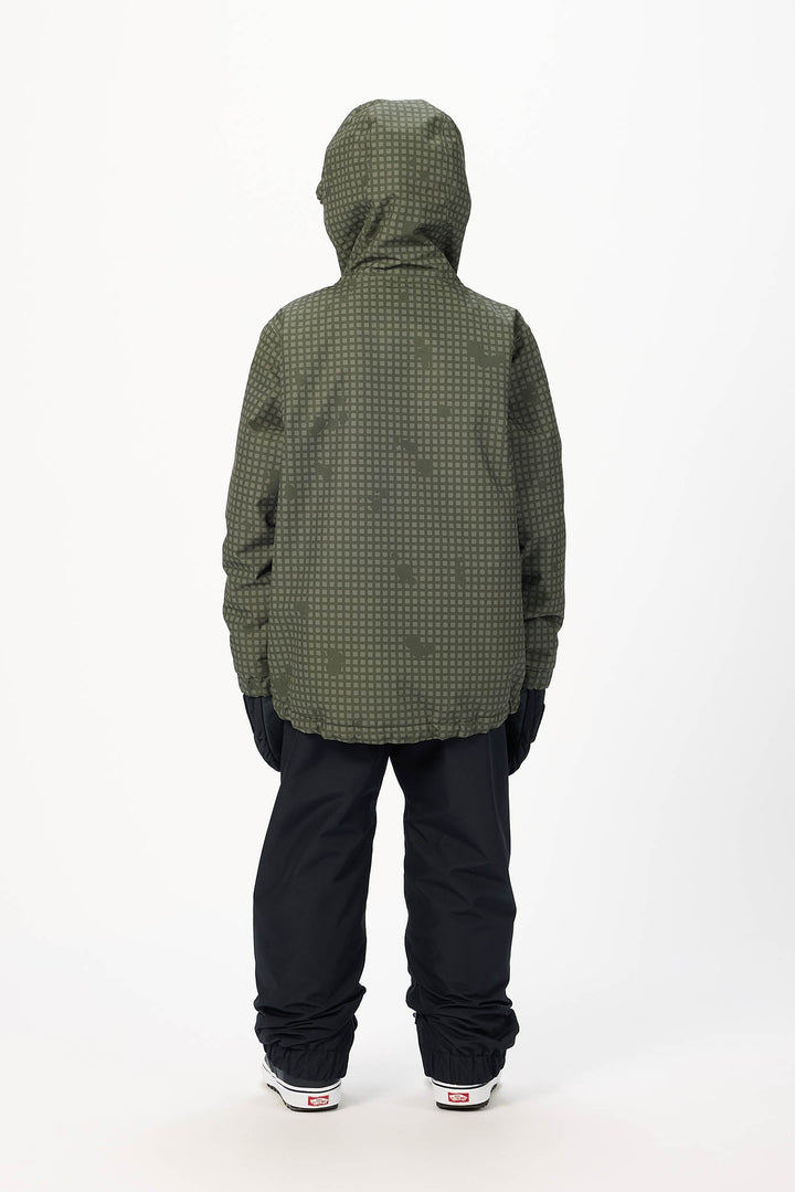 A child viewed from the back wearing an olive green hooded jacket with a subtle tonal pattern, black snow pants, and white sneakers, standing against a plain white studio background.