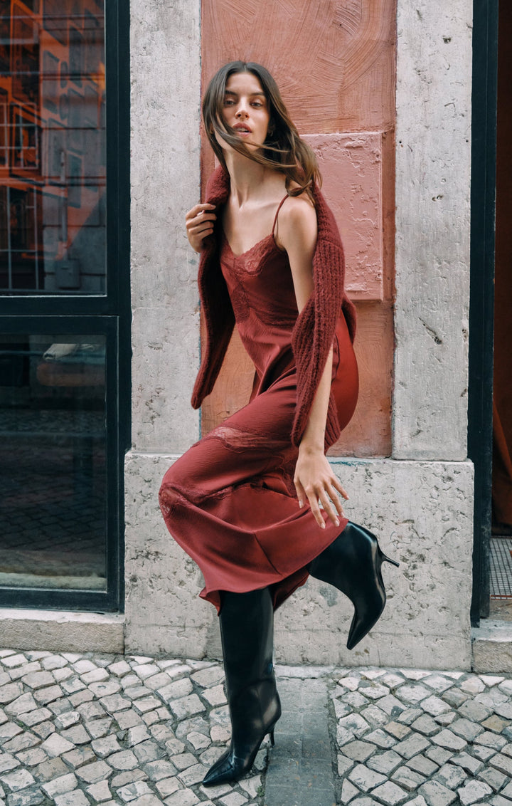 Z Supply Women’s Bruna Lace Inset Midi Dress in Velvet Rouge, styled view