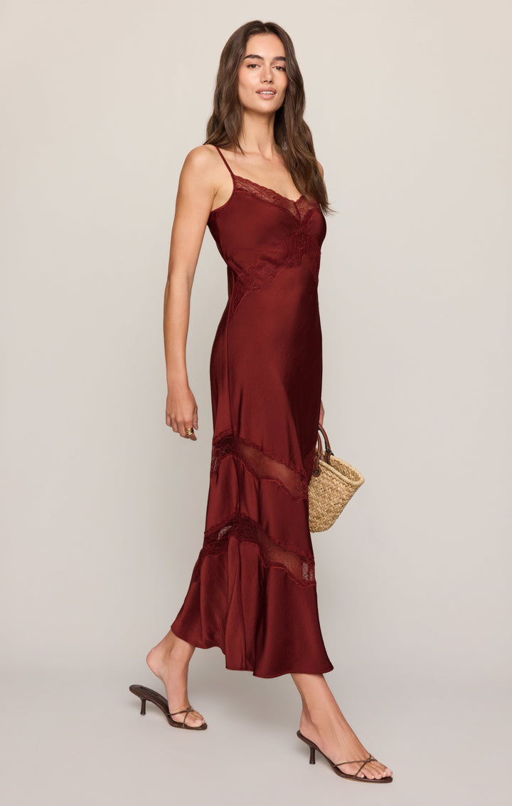Z Supply Women’s Bruna Lace Inset Midi Dress in Velvet Rouge, detail view