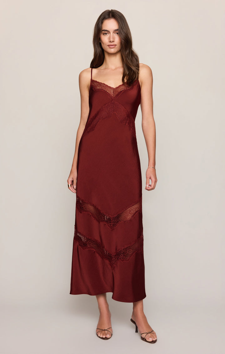 Z Supply Women’s Bruna Lace Inset Midi Dress in Velvet Rouge, front view