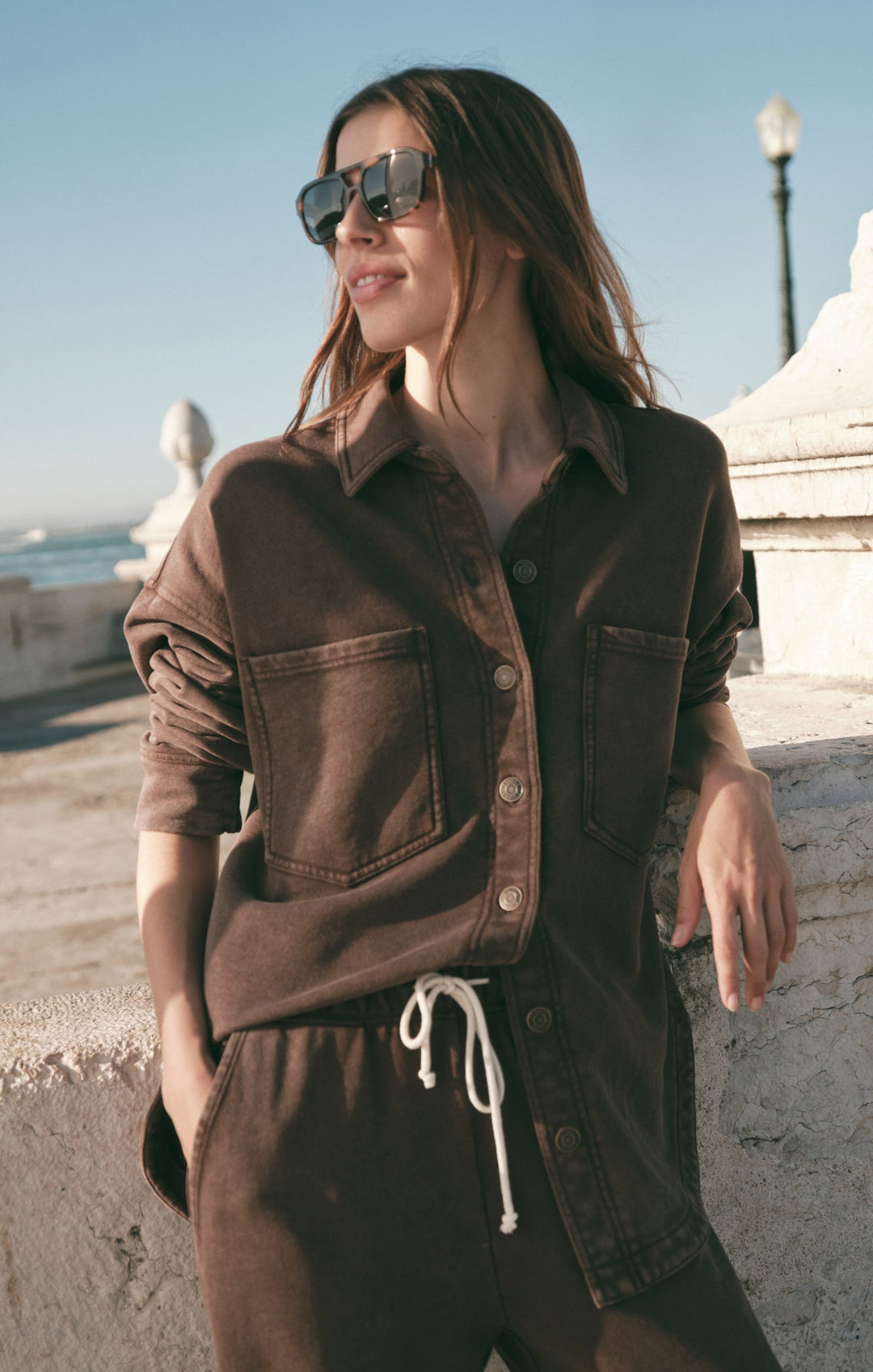 Z Supply Women’s All Day Knit Jacket in Dark Chocolate, styled view