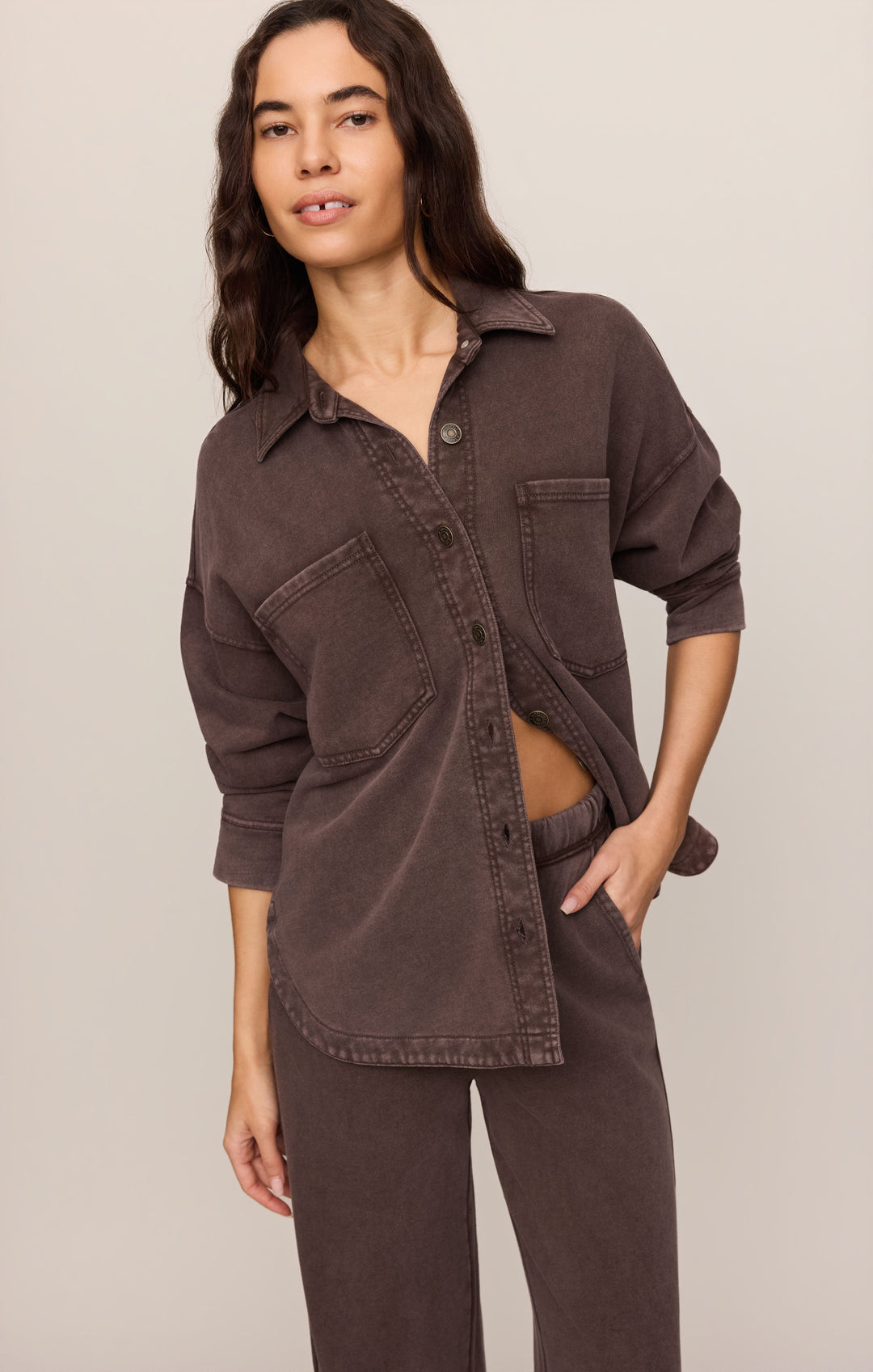 Z Supply Women’s All Day Knit Jacket in Dark Chocolate, detail view