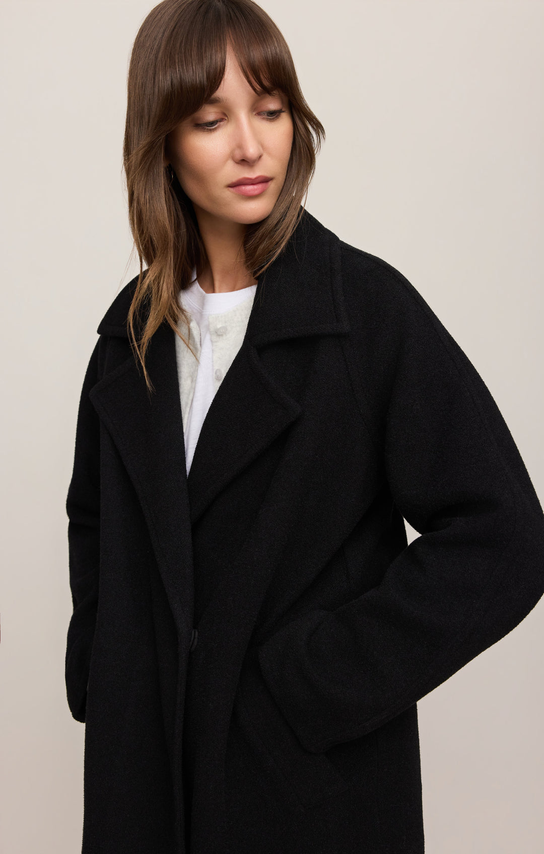 Z Supply Women’s Crosby Cocoon Coat in Black, detail view