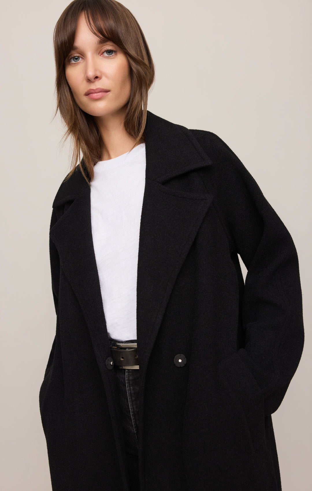 Z Supply Women’s Crosby Cocoon Coat in Black, detail view