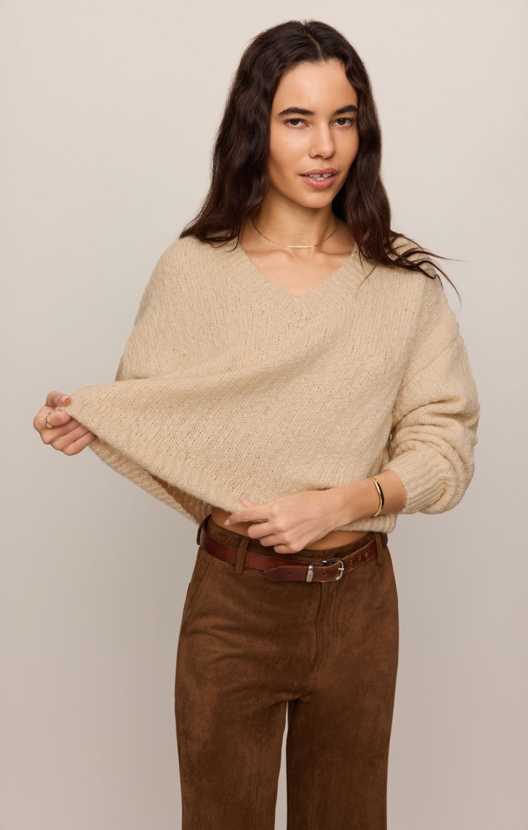 Z Supply Women’s Cecile Mid Rise Wide Leg Pant in Saddle Suede, detail view