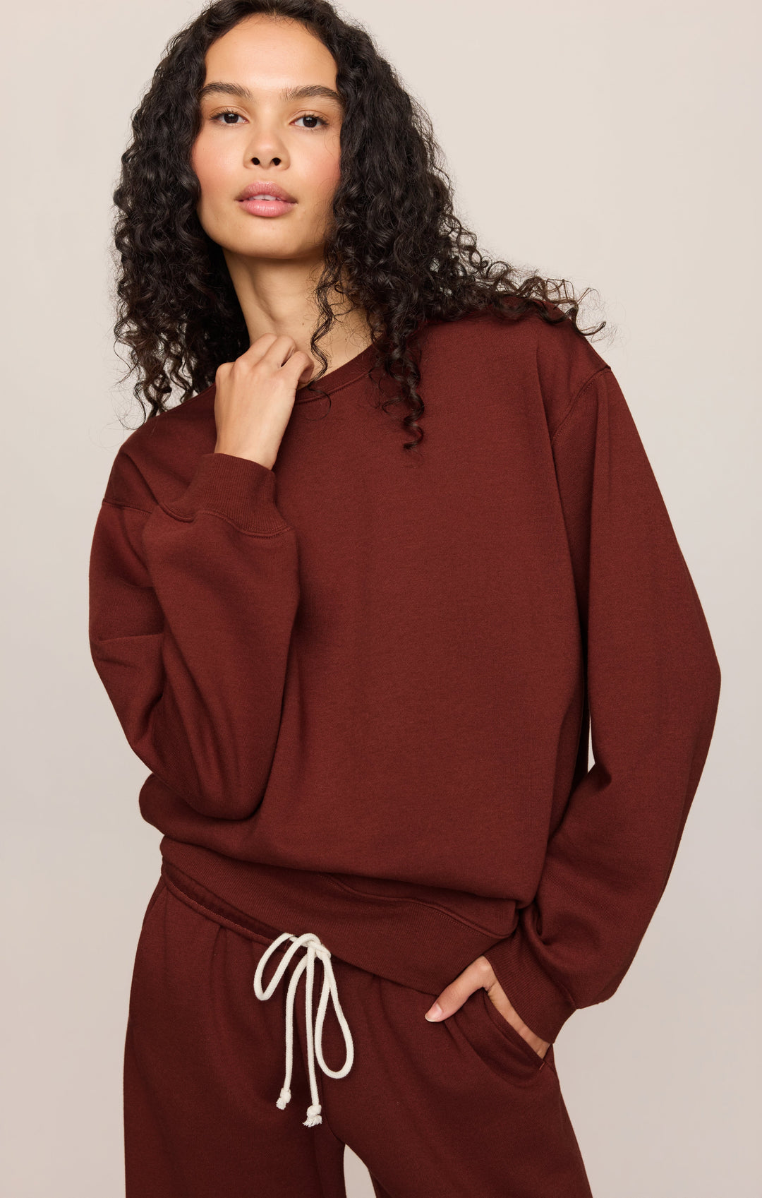 Z Supply Women’s Boyfriend Sweatshirt in Velvet Rouge, detail view