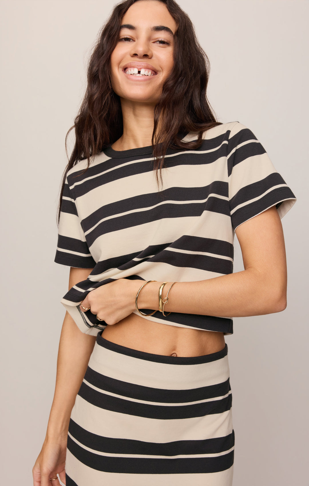 Z Supply Women’s Stellan Striped Tee in Ash Black, detail view