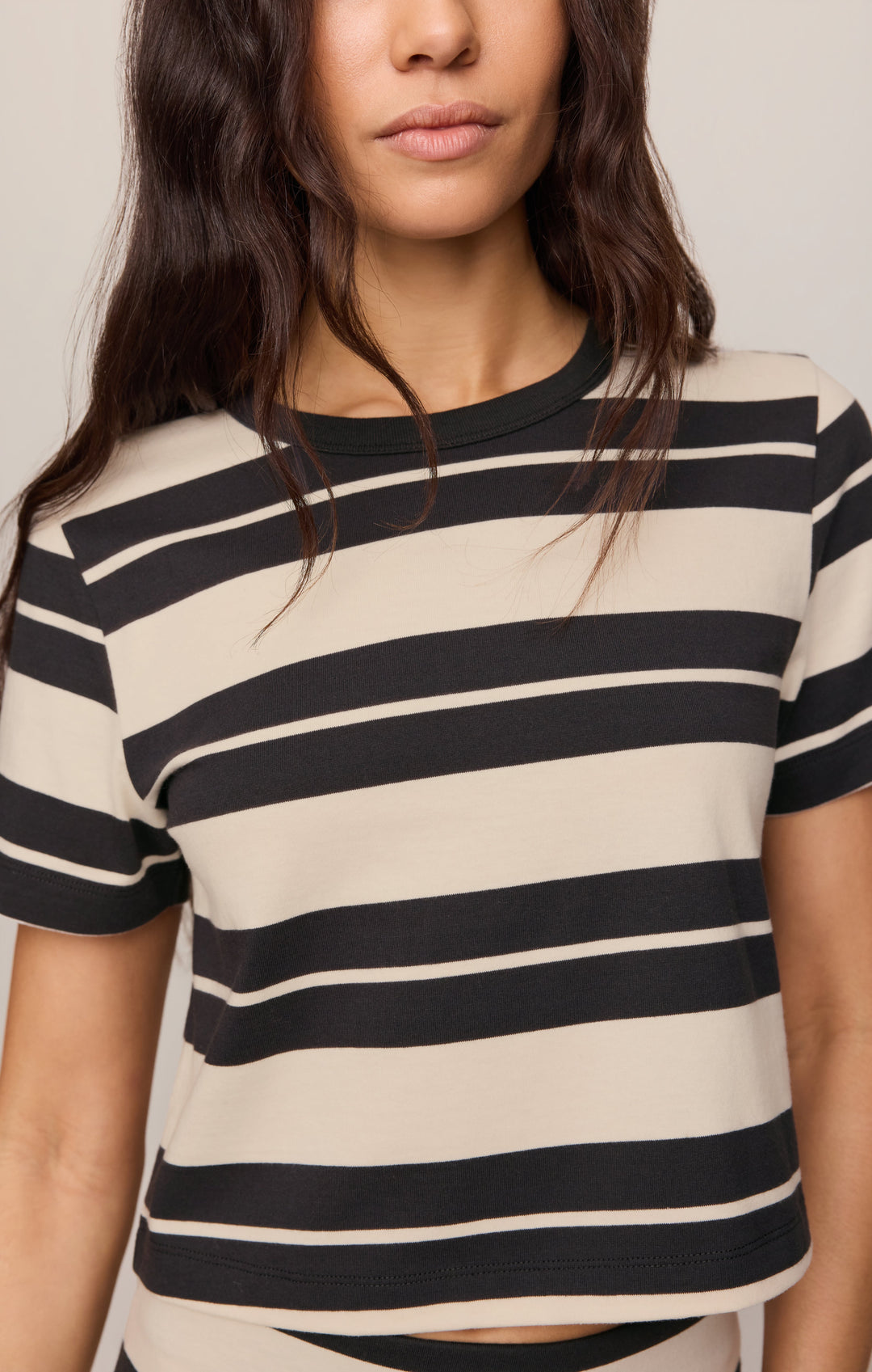 Z Supply Women’s Stellan Striped Tee in Ash Black, detail view