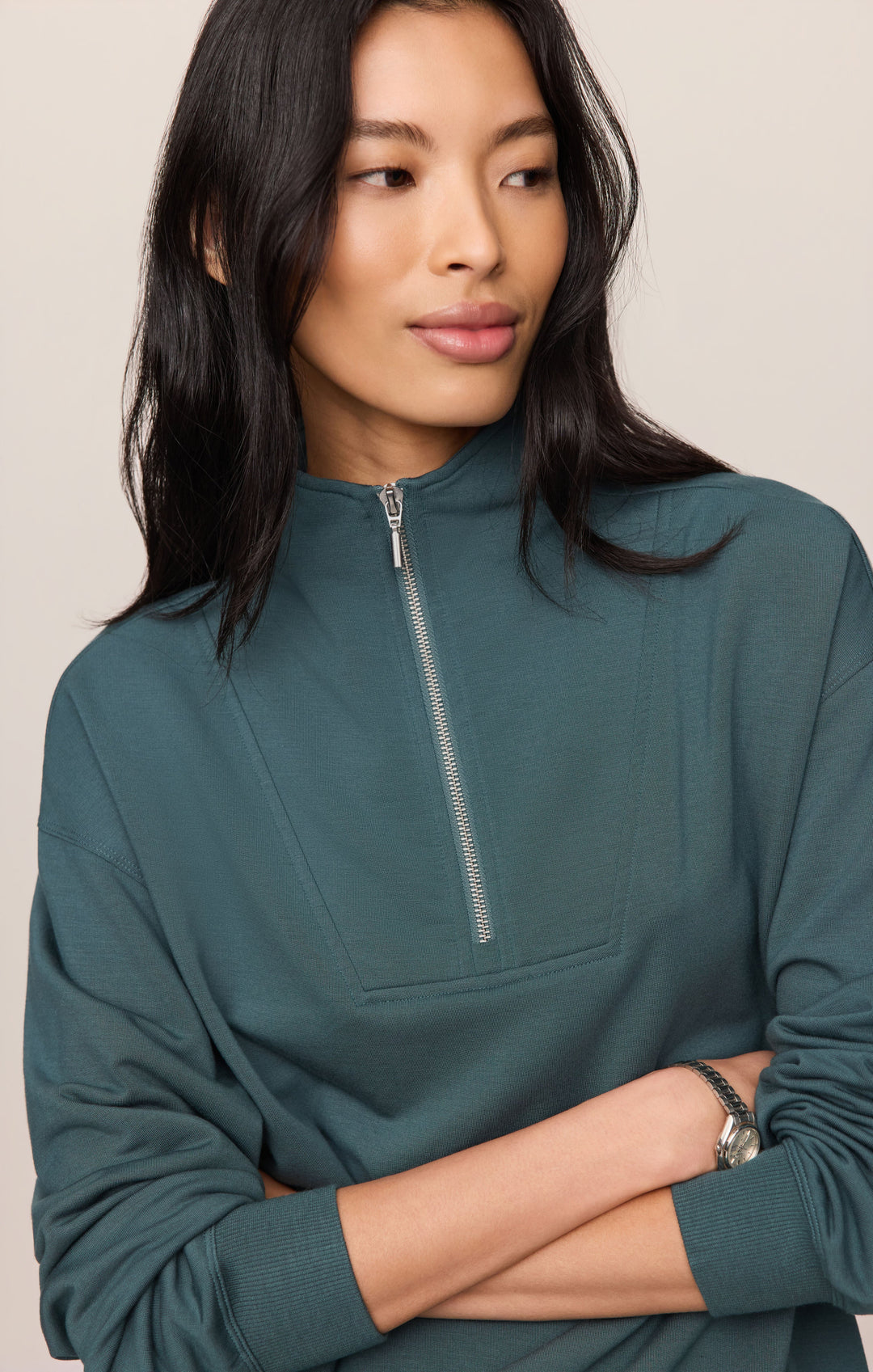 Z Supply Women’s Gate Check Modal Sweatshirt in Emerald Cove, detail view