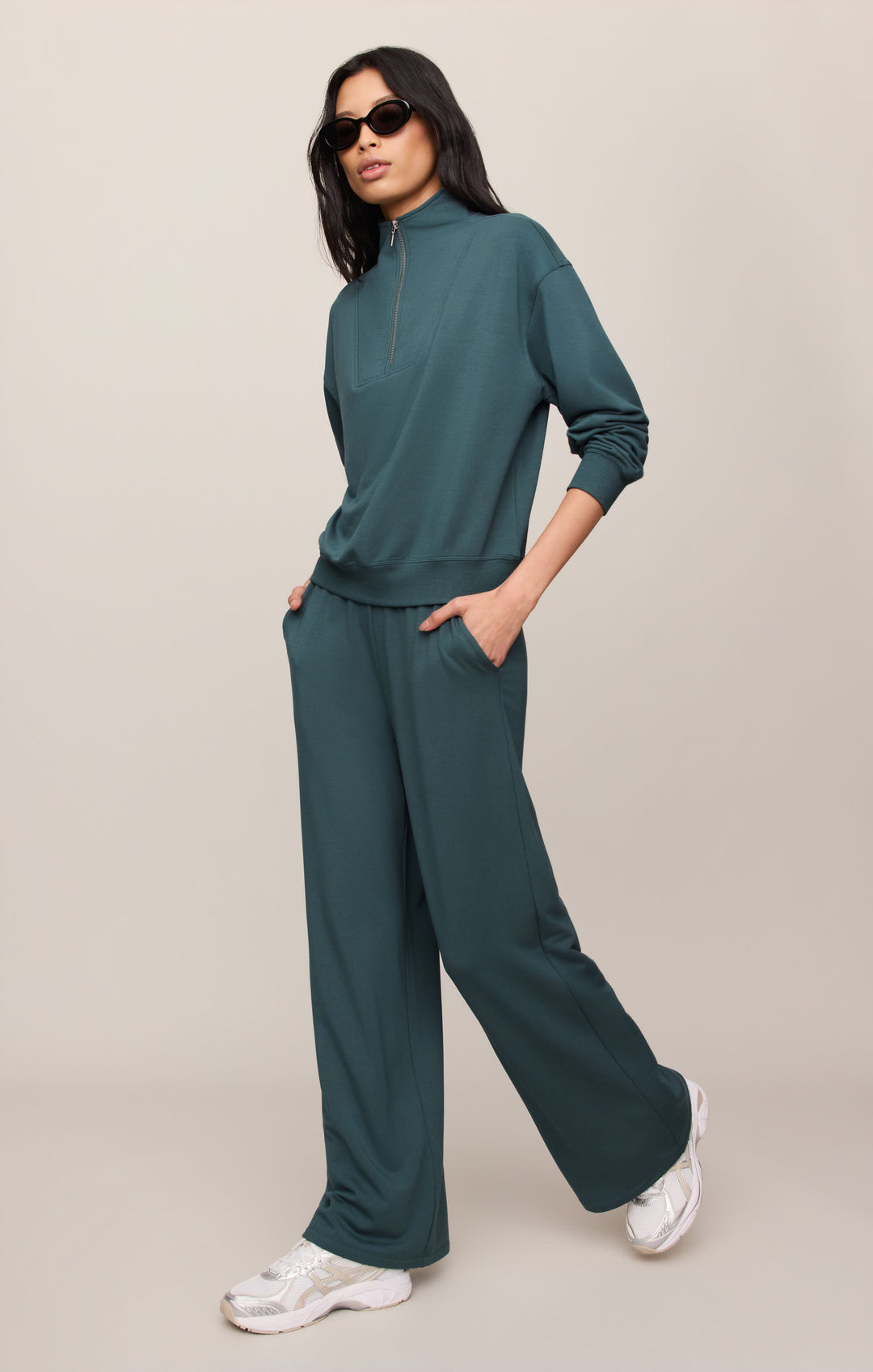 Z Supply Women’s Gate Check Modal Sweatshirt in Emerald Cove, detail view