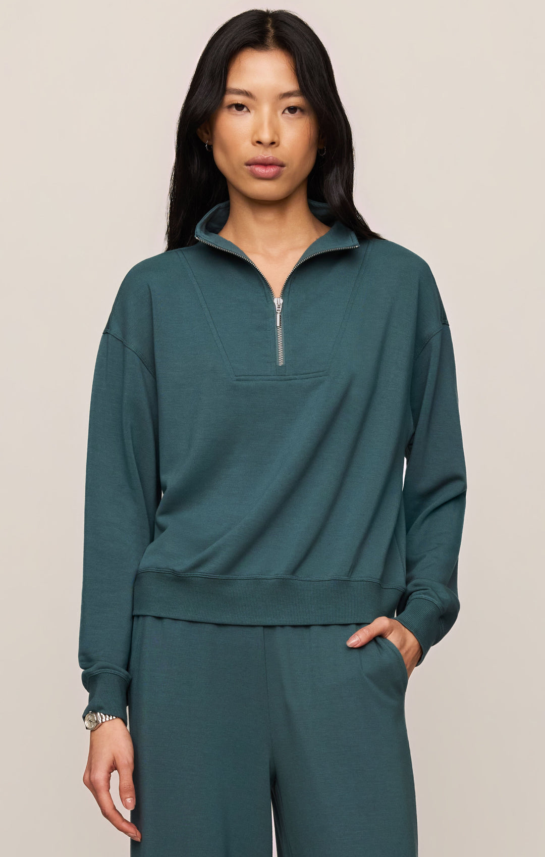 Z Supply Women’s Gate Check Modal Sweatshirt in Emerald Cove, front view