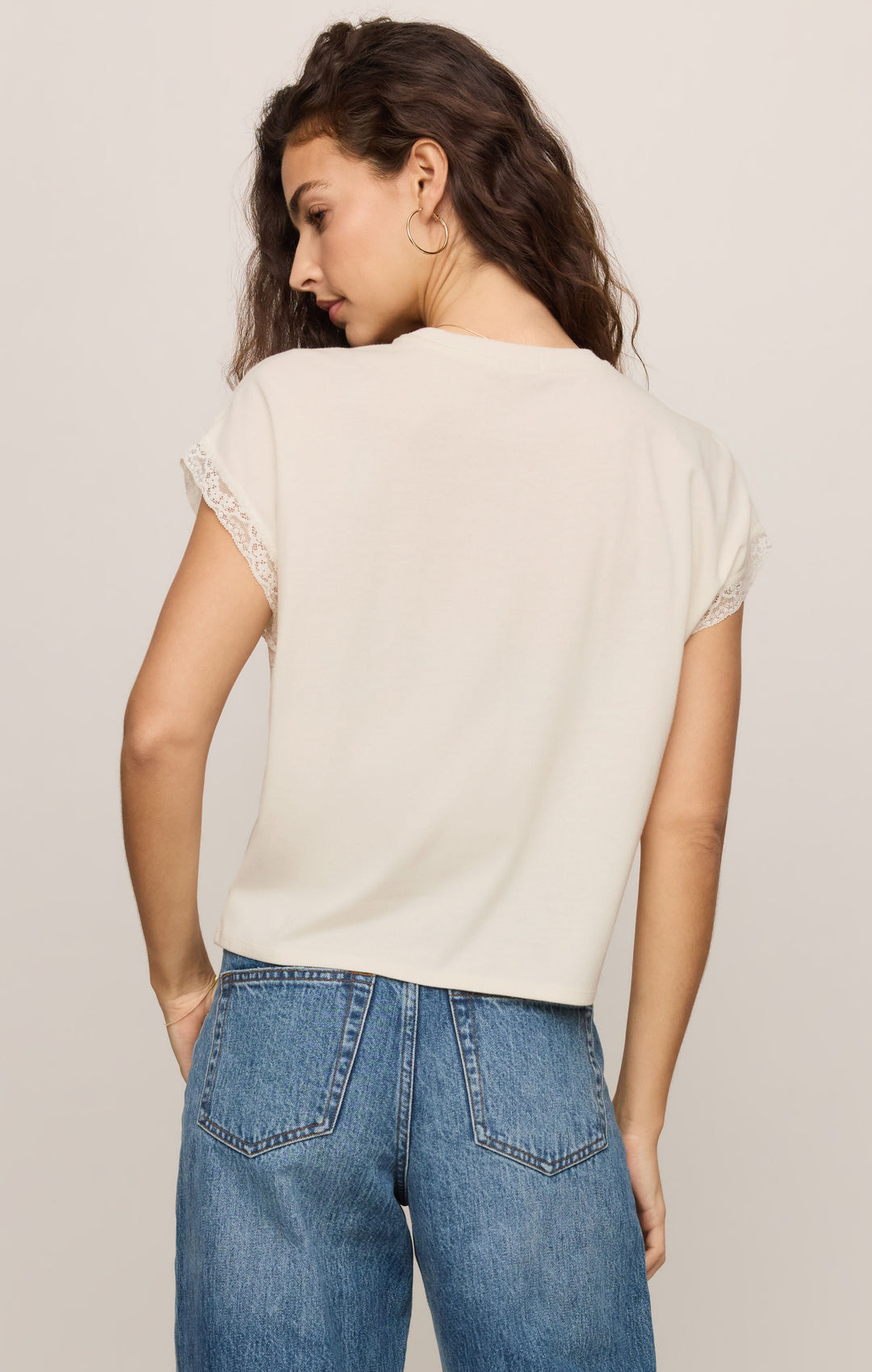 Z Supply Women’s Marika Lace Trim Muscle Tee in Cloud, back view