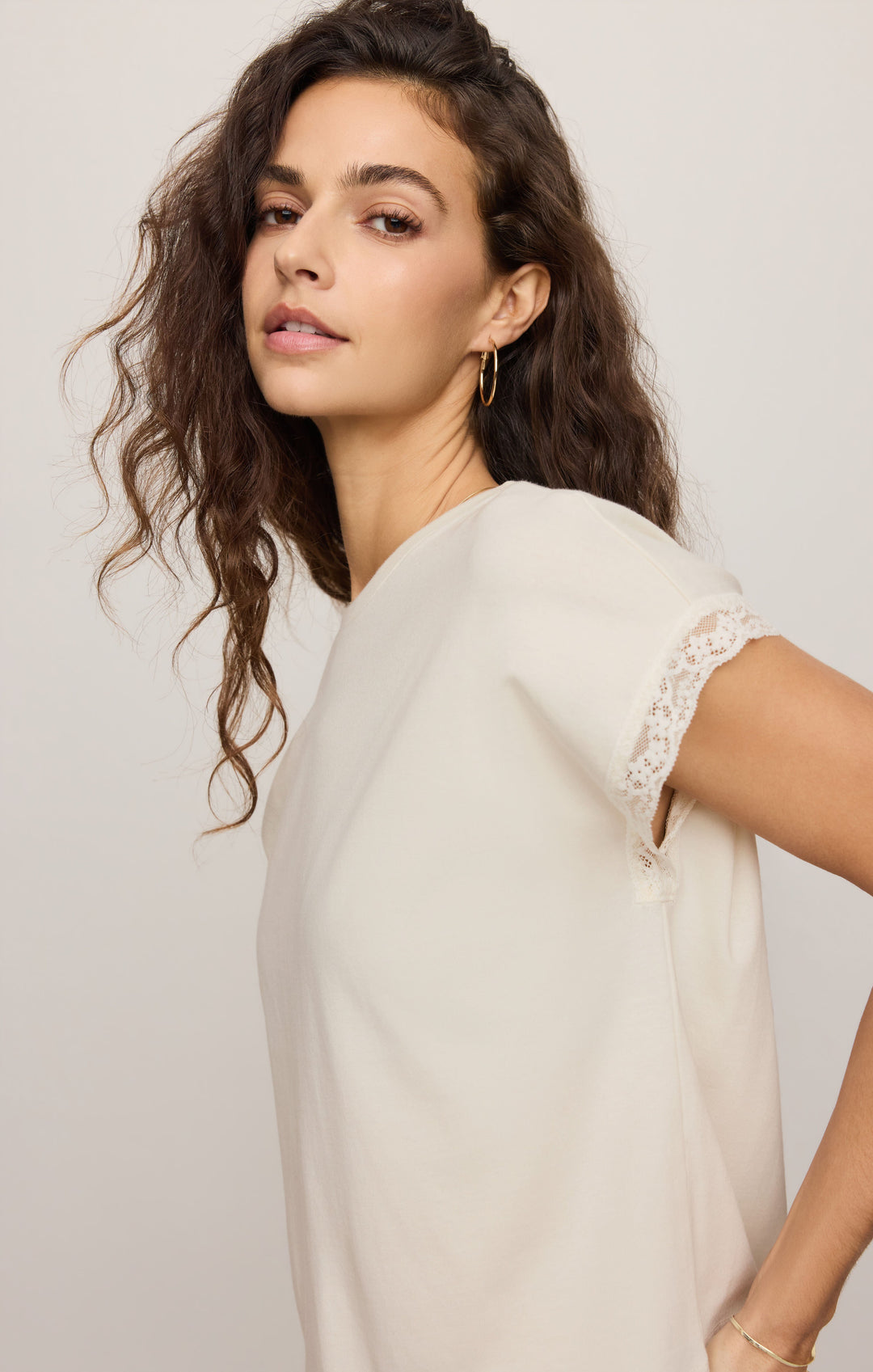 Z Supply Women’s Marika Lace Trim Muscle Tee in Cloud, detail view