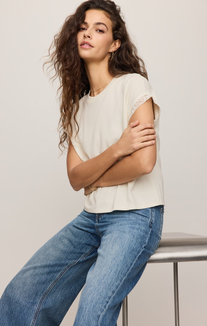 Z Supply Women’s Marika Lace Trim Muscle Tee in Cloud, detail view