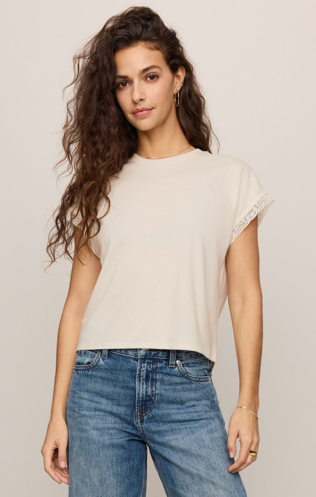 Z Supply Women’s Marika Lace Trim Muscle Tee in Cloud, front view