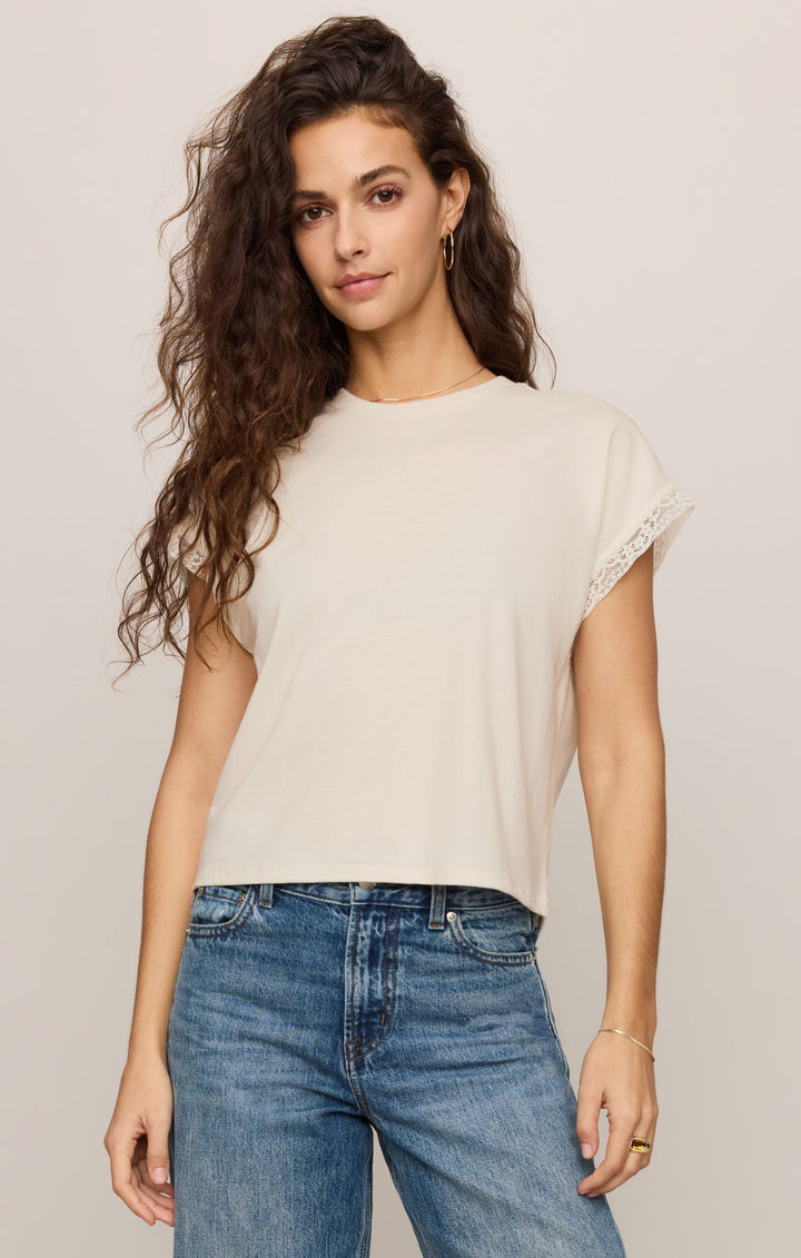 Z Supply Women’s Marika Lace Trim Muscle Tee in Cloud, front view