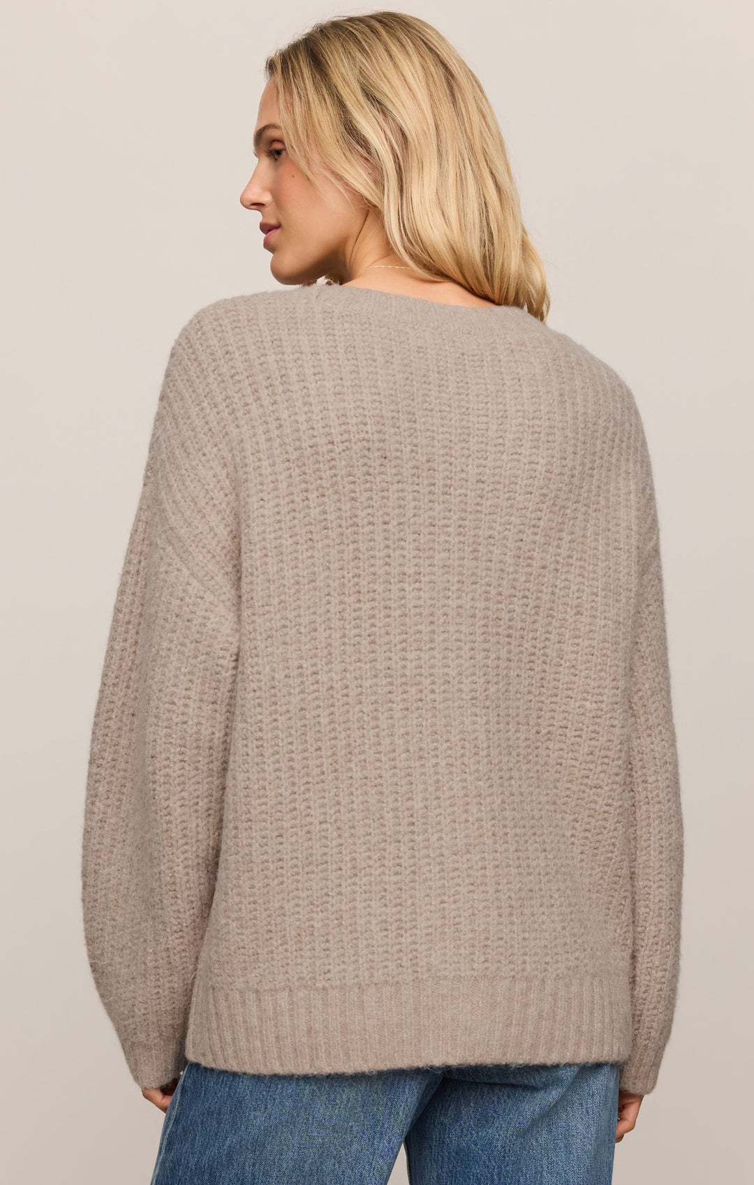 Z Supply Women’s Whitmore Cardigan in Light Khaki, back view
