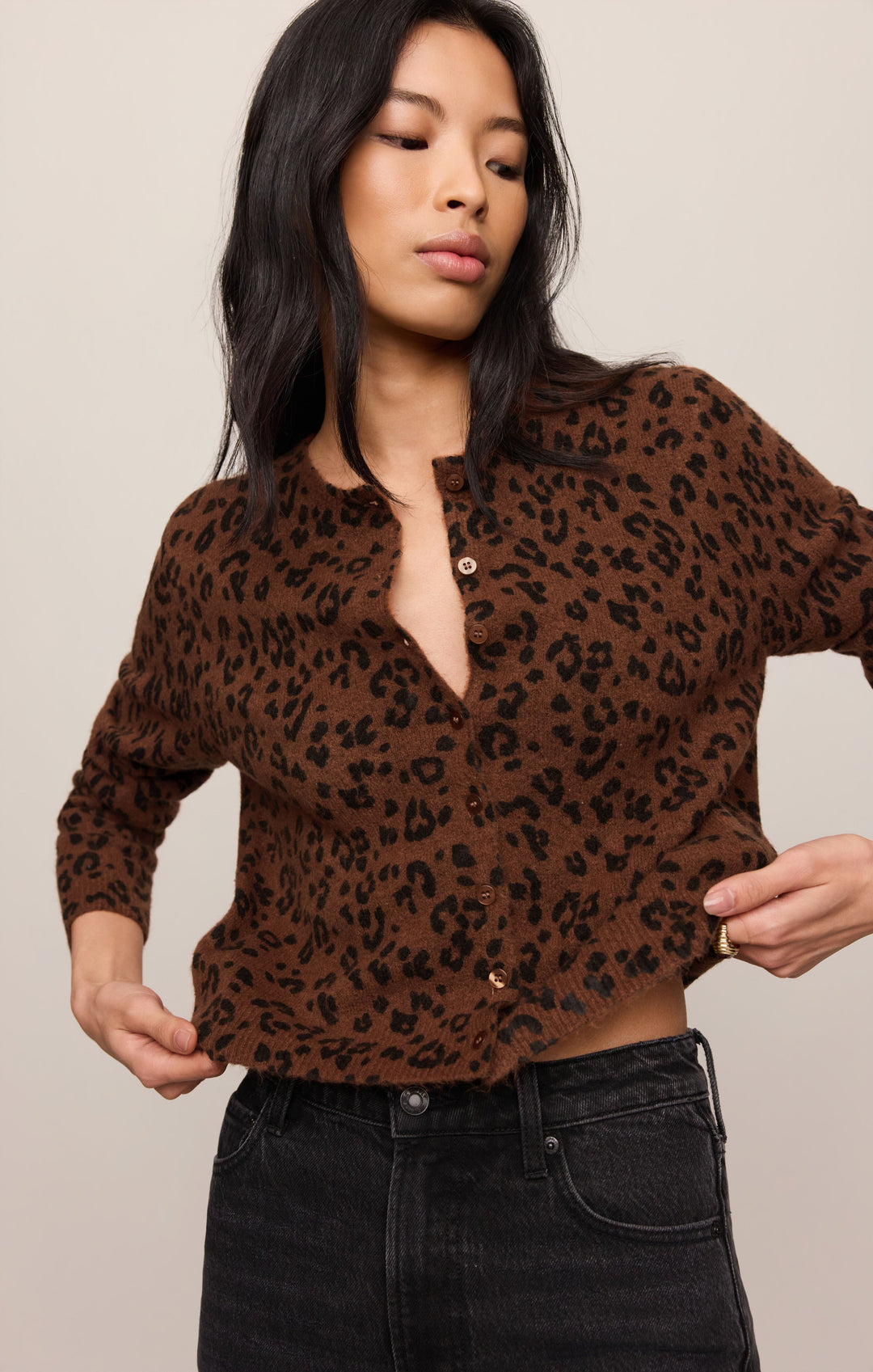 Z Supply Women’s Medina Leopard Cardigan in Burnt Umber, detail view