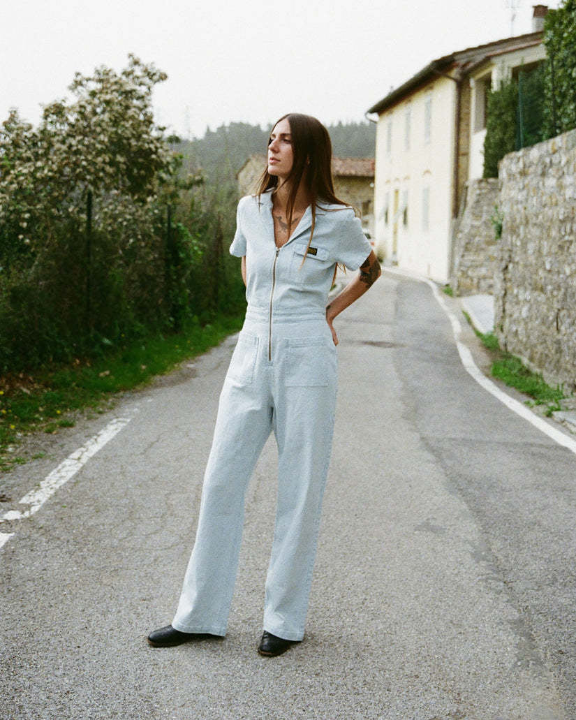 Rvca Spring Shift Jumpsuit Stripe (Womens) | Blue Hickory
