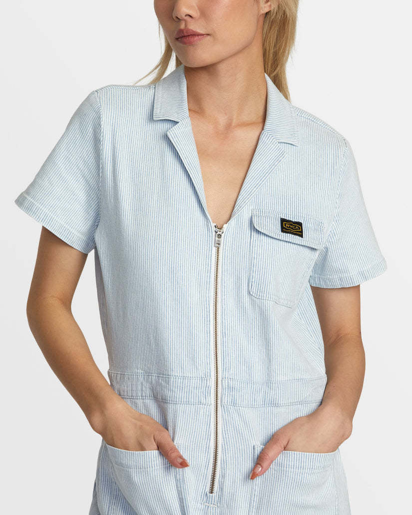 Rvca Spring Shift Jumpsuit Stripe (Womens) | Blue Hickory