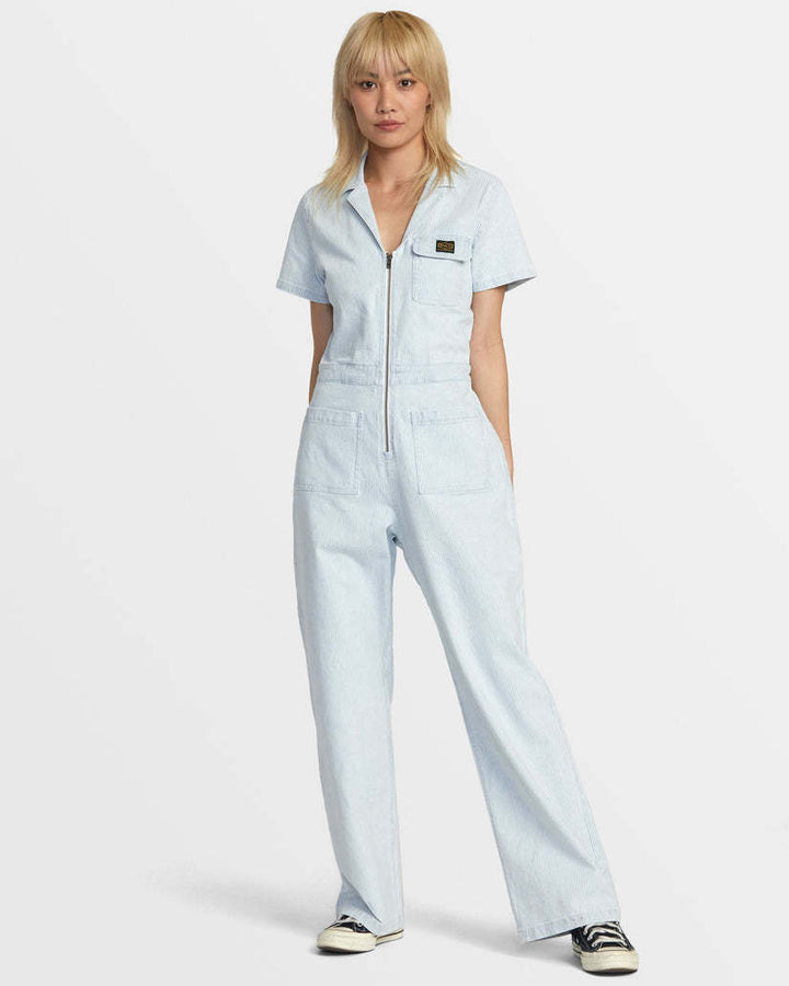Rvca Spring Shift Jumpsuit Stripe (Womens) | Blue Hickory