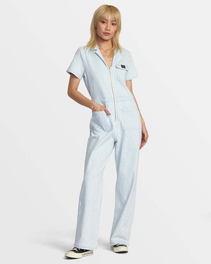 Rvca Spring Shift Jumpsuit Stripe (Womens) | Blue Hickory