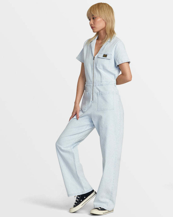 Rvca Spring Shift Jumpsuit Stripe (Womens) | Blue Hickory