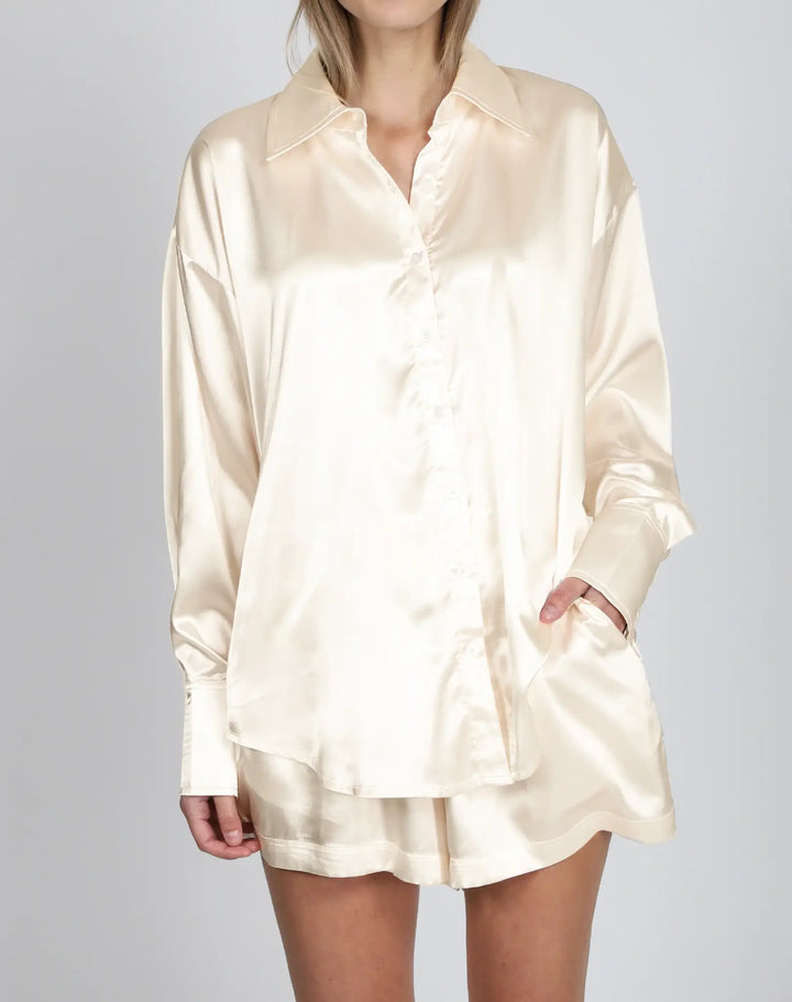 Brunette Silk Button Up Shirt | Almond Milk