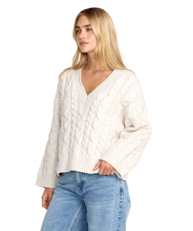 RVCA Cable V Neck Sweater (Womens) | Star White