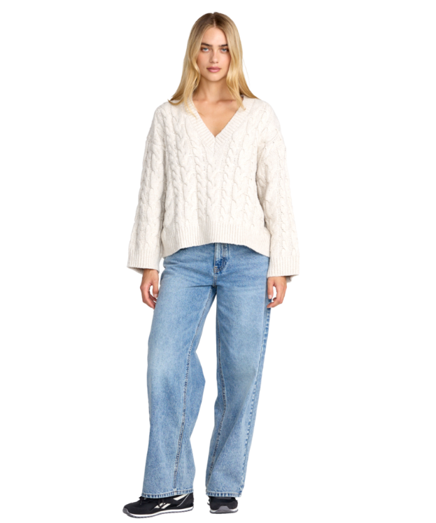 RVCA Cable V Neck Sweater (Womens) | Star White